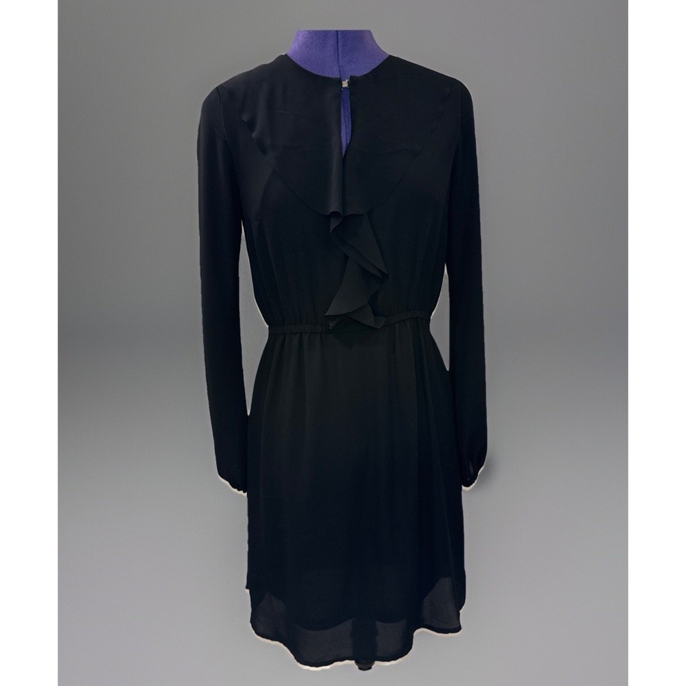 H&M‎ Black Ruffle Front Long Sleeve Mini Dress Keyhole Neck Size 6 NEW